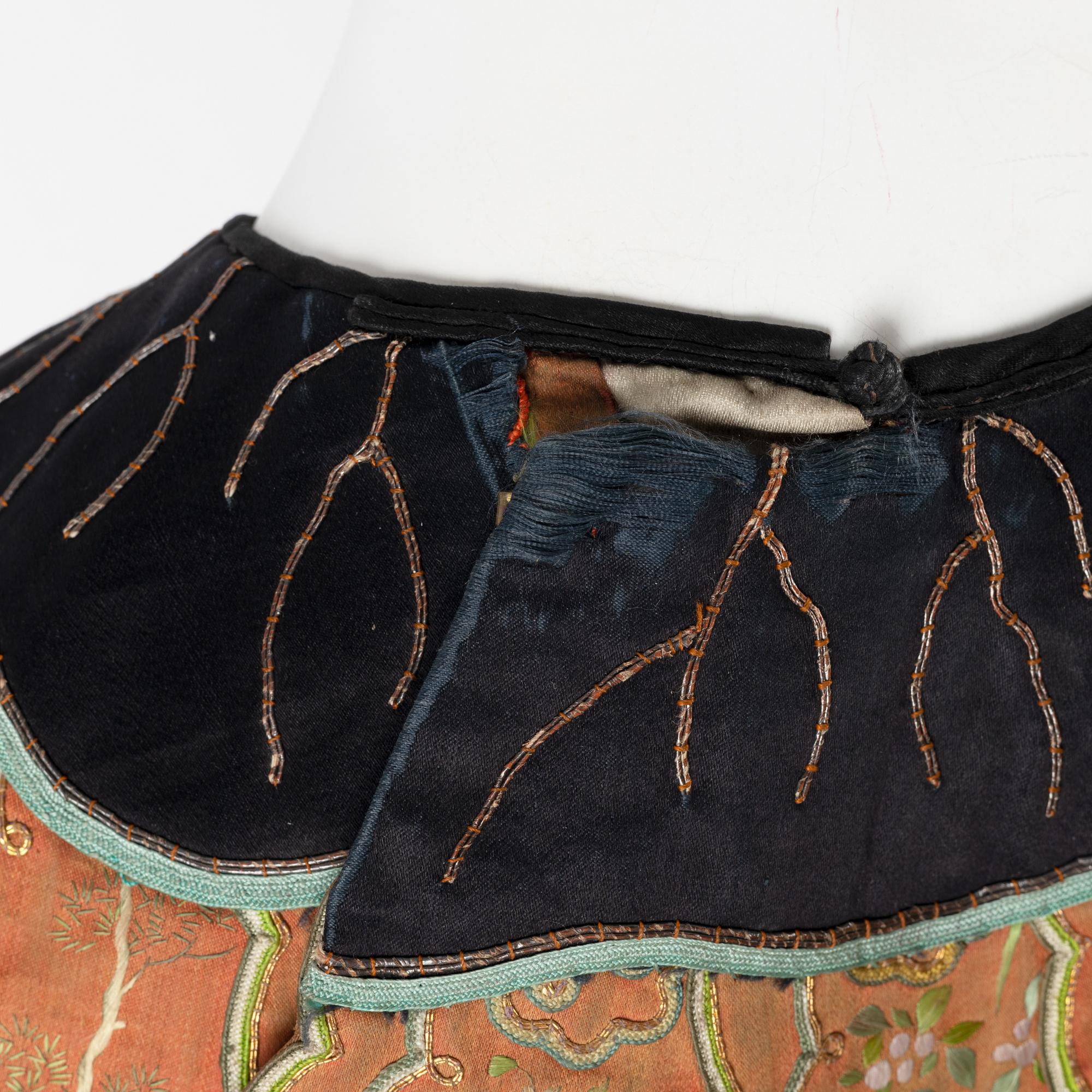 A collar a vest and two Chinese embroidered silk textiles, late Qing dynasty / early 20th century.