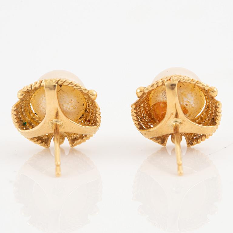 Earrings, a pair, gold with cultured pearls.