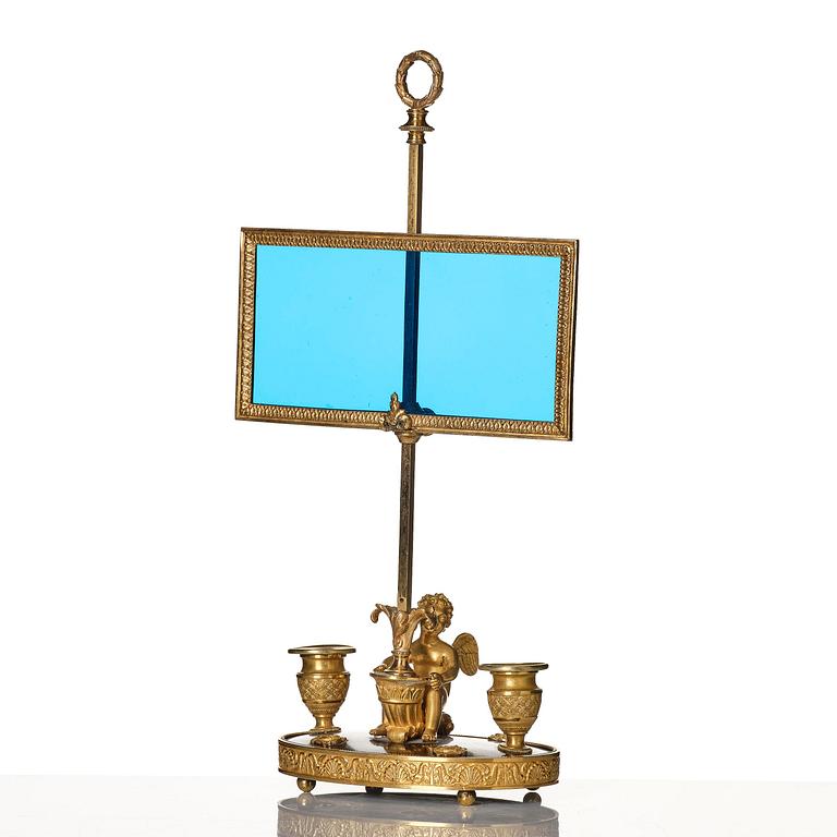 A Russian Empire ormolu and patinated bronse two-light lamp, early 19th century.