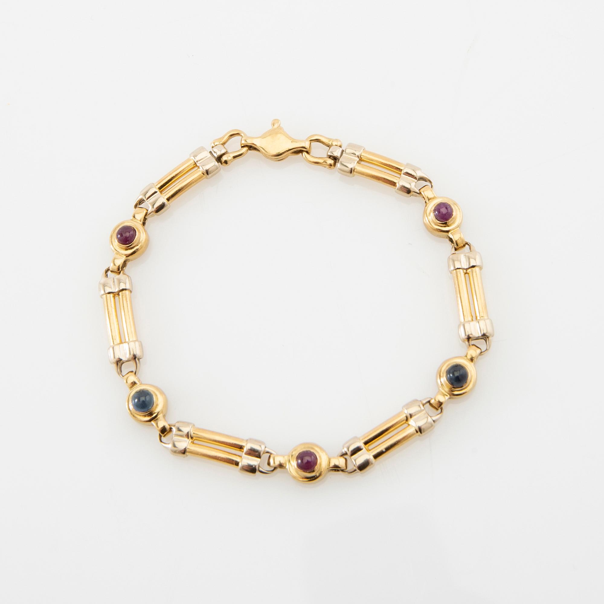 Bracelet 18K rose and white gold set with cabochon-cut sapphires and rubies, possibly Ancona Italy.