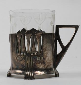 TEGLAS, 6 st, vitmetall och glas, jugend, WMF, tidigt 1900-tal.