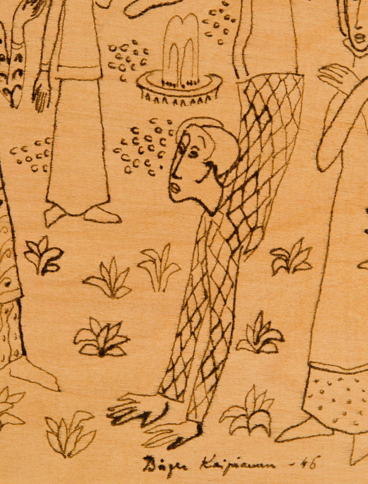 Birger Kaipiainen, piirros, tussi vanerille, signeerattu ja päivätty -46.