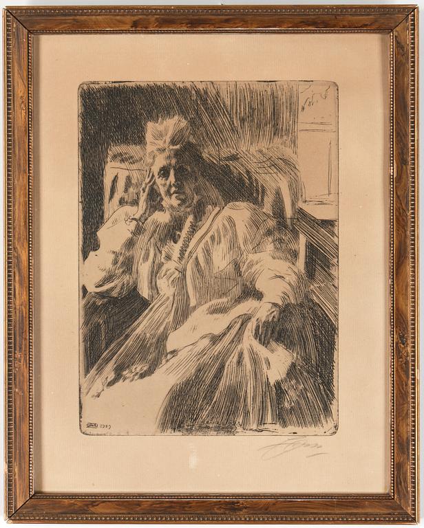 ANDERS ZORN, etsning, "Änkedrottning Sophia", utförd 1909, signerad i blyerts.