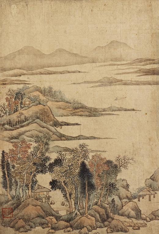 ALBUM, med 12 landskapsmålningar i Wang Huis (1632-1717) stil, Qingdynastin, 1800-tal.