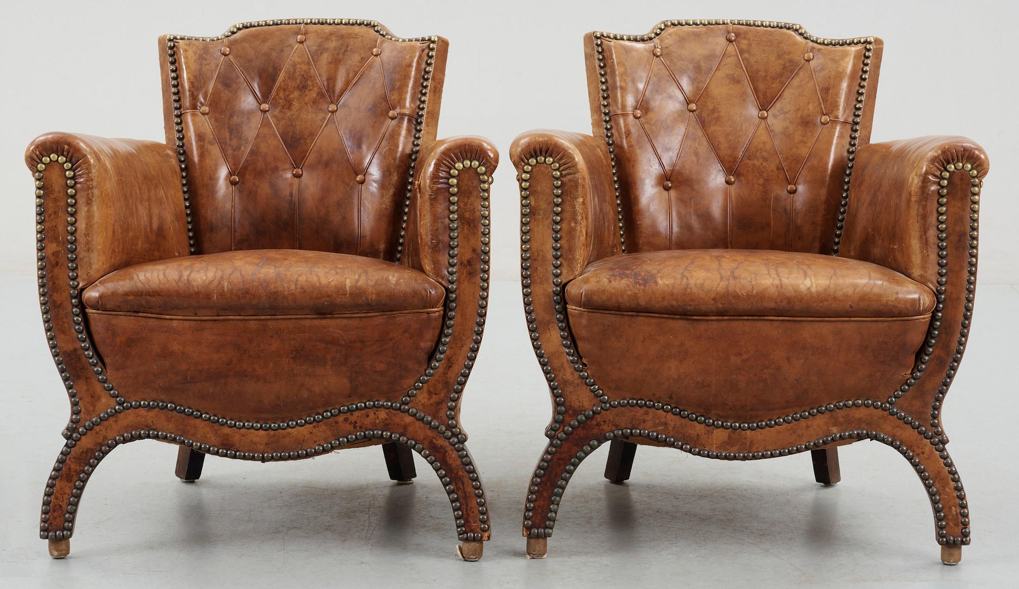 A pair of Otto Schulz brown leather armchairs, by Boet, Gothenburg 1930's.