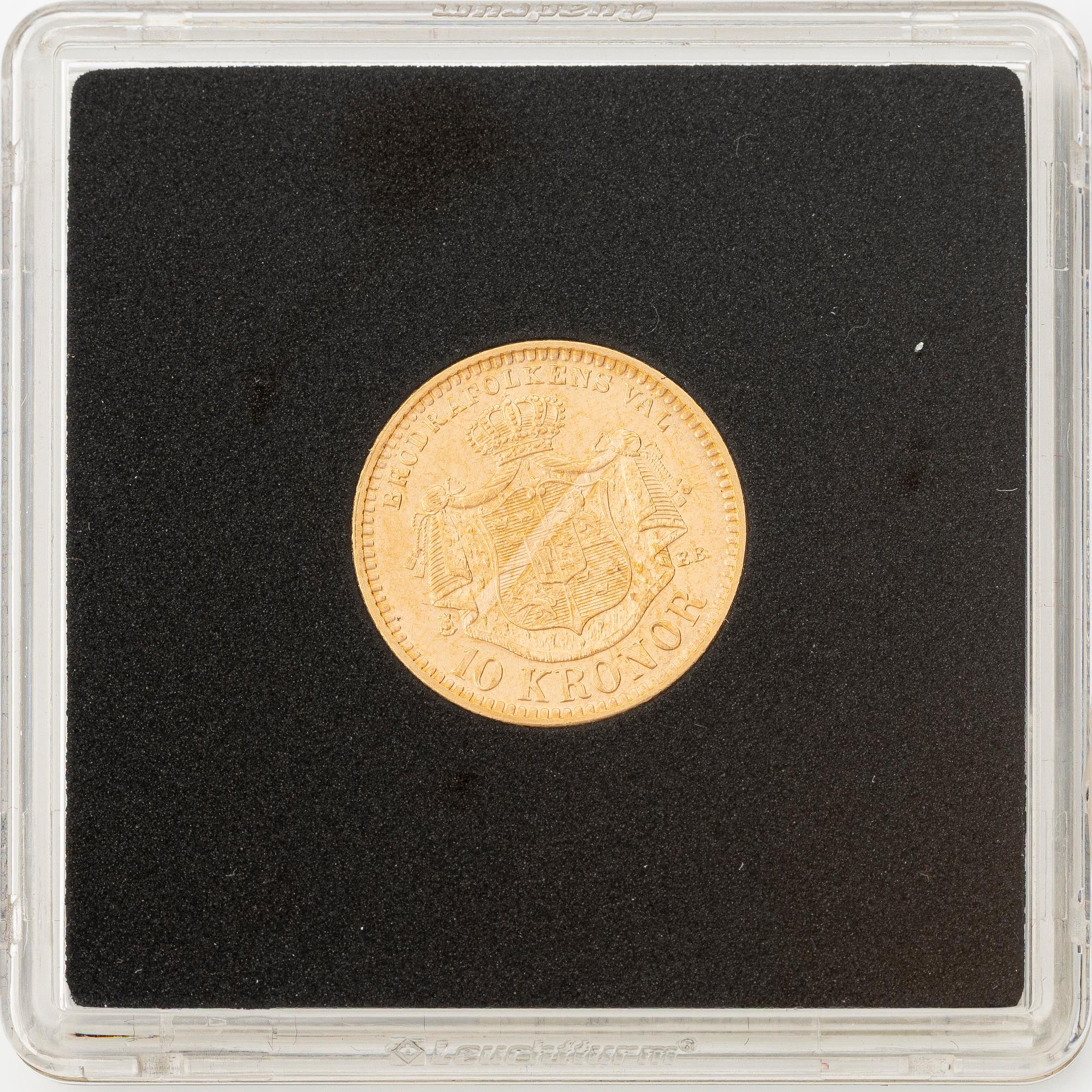 Guldmynt, Oscar II, 10 kronor, typ III, Sverige 1901.