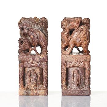 A pair of large soapstone seal stamps, late Qing dynasty/circa 1900.