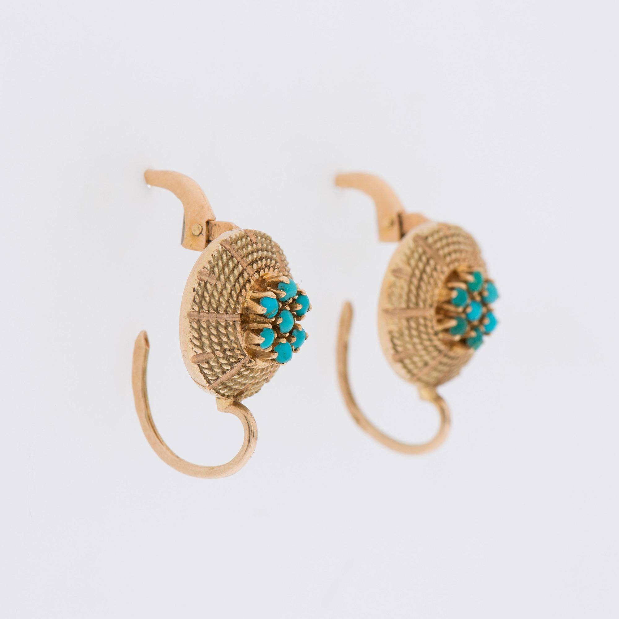 COLLIER och ÖRHÄNGEN, 14K guld, cabochonslipade turkoser. Hugo Grün, Helsingfors 1966.