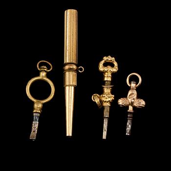KLOCKNYCKLAR, 4 st, varav en delvis i 18k guld, stämplad Kristinehamn, 1882.