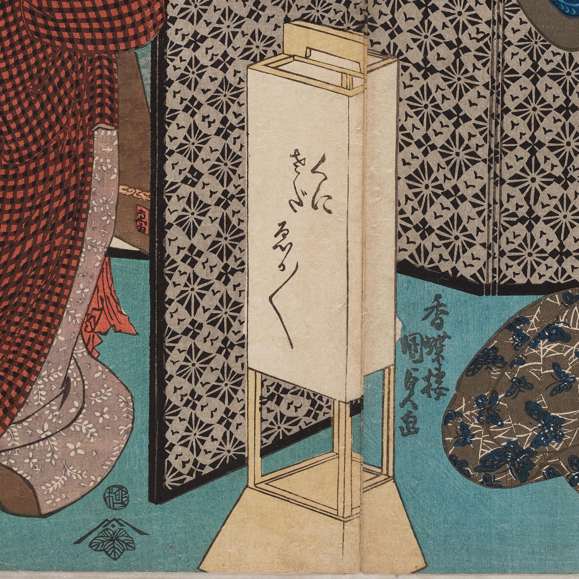 UTAGAWA KUNISADA, även kallad Toyokuni III (1786-1864), triptyk, färgträsnitt. Japan, Eight Views of Edo Figures".
