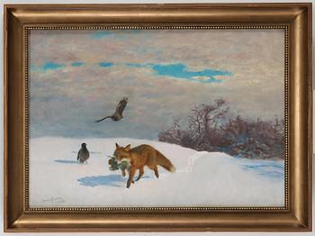 Bruno Liljefors, Winter landscape with fox and prey.