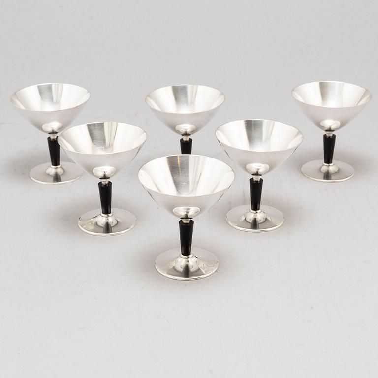 FOLKE ARSTRÖM, cocktailglas, 6 st, samt  bricka, nysilver, 1930/40-tal.