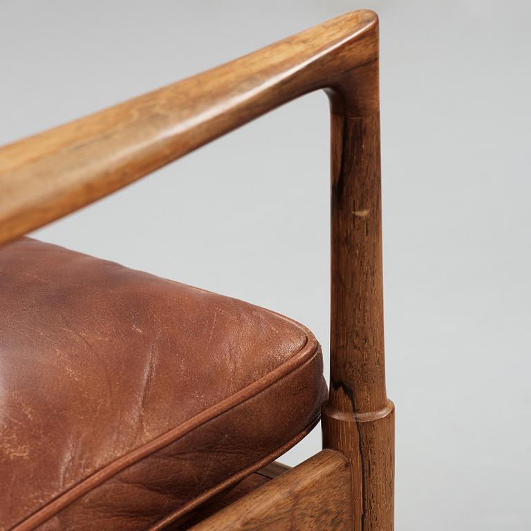 Ib Kofod-Larsen, a pair of "Samsö" palisander and brown leather easy chairs, Olof Persons Fåtöljindustri (OPE) Sweden 1960's.