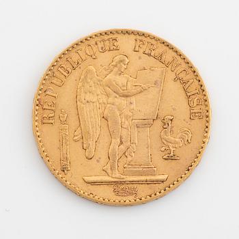 A French gold coin, 20 Francs, 1887.