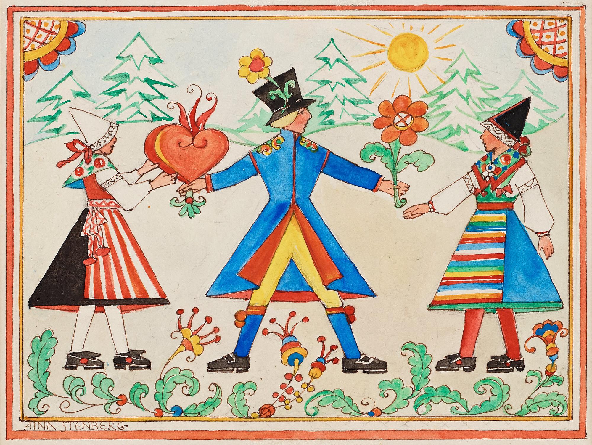 Aina Stenberg-Masolle, Swedish folk art scene from Dalarna.