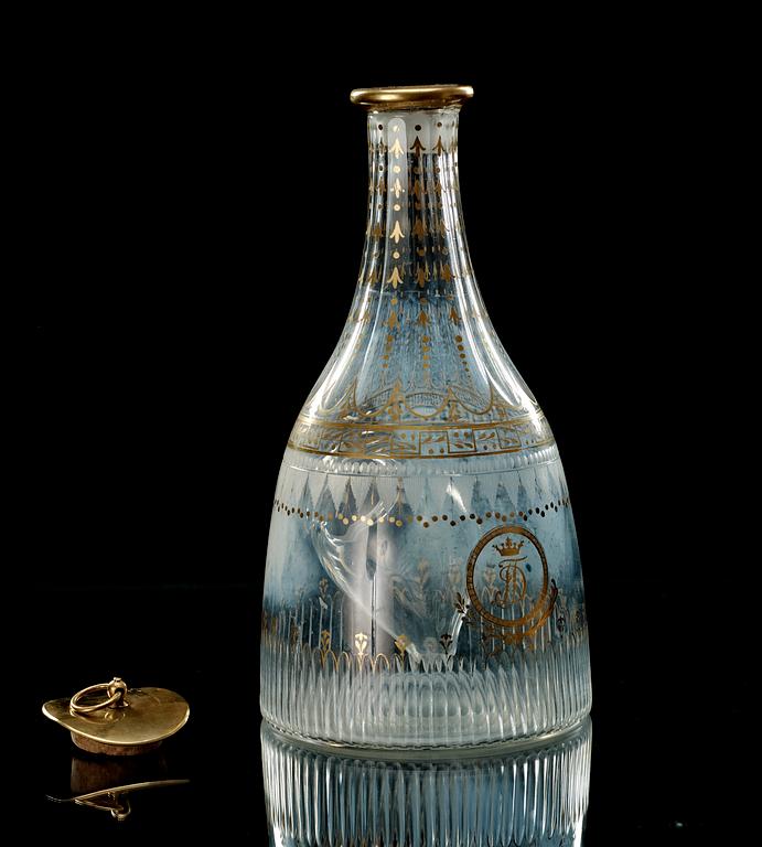 A gilt Russian decanter with ice container, Imperial Glass manufactory, St Petersburg, ca 1790-1800.