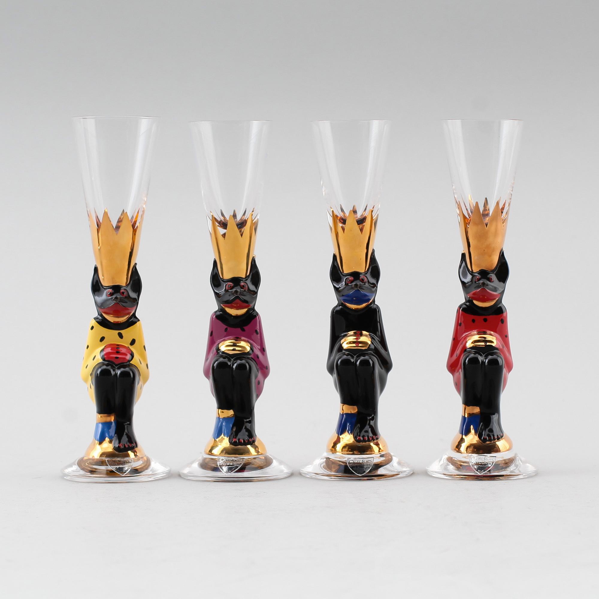 SNAPSGLAS, 4 st, Gunnar Cyrén, signerade, "Nobelservisen", Orrefors.