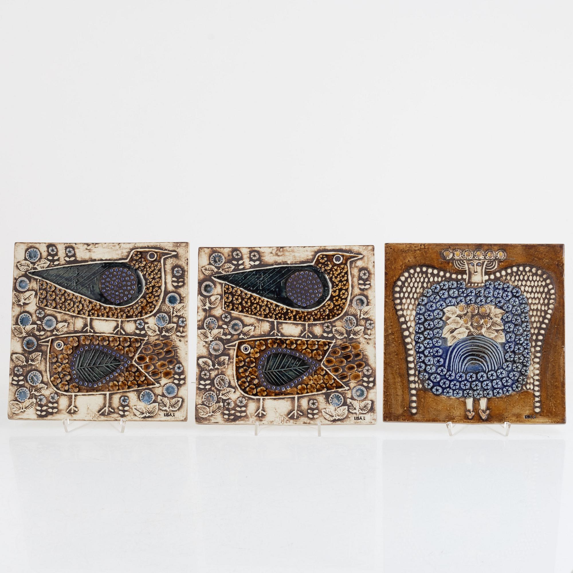 Lisa Larson, a set of three wall plaques, Gustavsberg, Sweden.
