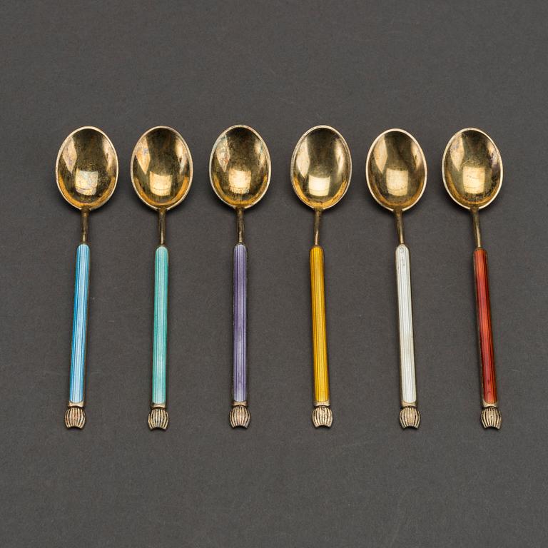 A danish set of six silver and enamel spoons mark of A Michelsen Denmark 20th century, weight ca 66 gr.