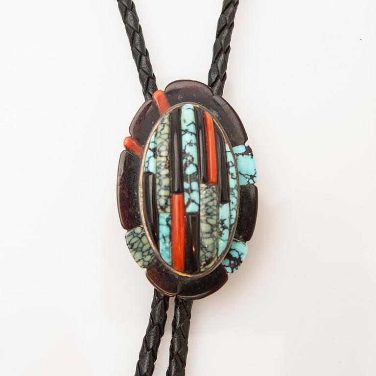 Cowboy ties, 2 pcs, sterling silver with turquoises and stones, and a necklace.
