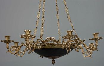 TAKLAMPA mässing samt målad plåt, empire/nyrokoko, 1800-talets senare hälft. Tot. h 86.