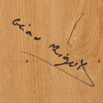 Gérard Rigot, a painted and carved oak wall cabinet, exectued in his studio, France, second half of the 20th century.