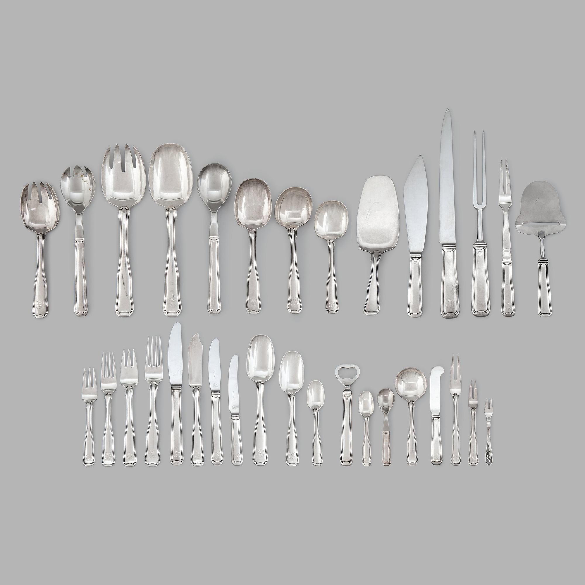 Georg Jensen, bestickuppsättning "Old Danish/Dobbelrifflet", 170 delar, Köpenhamn, efter 1945, sterling.