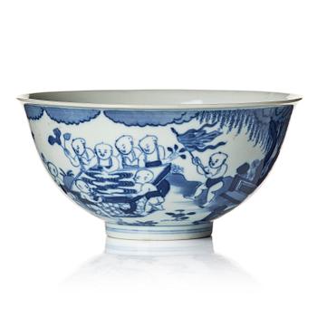 A blue and white 'Yingzi' (Boys at play) bowl, Qing dynasty with a Daouguang mark and of the period (1821-50).