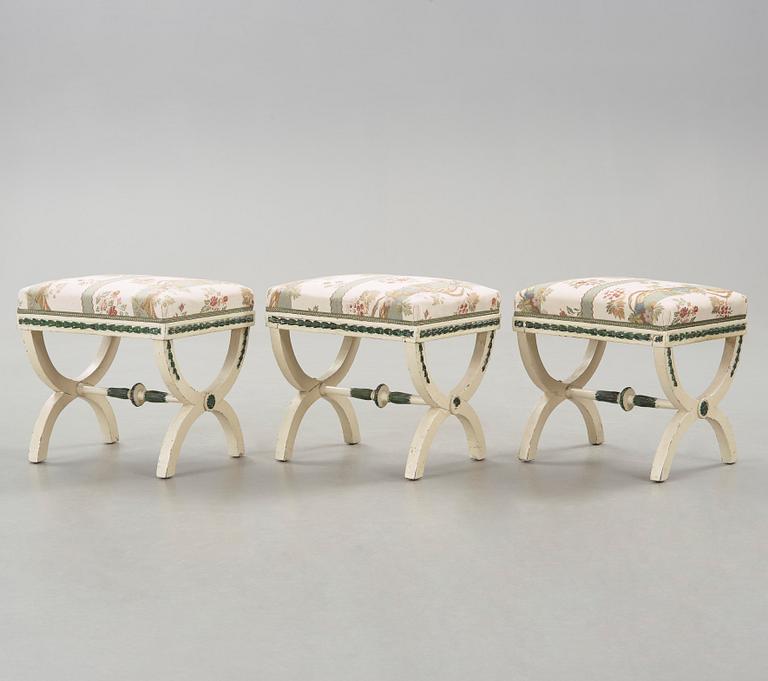 Three painted late gustavian stools c. year 1800.
