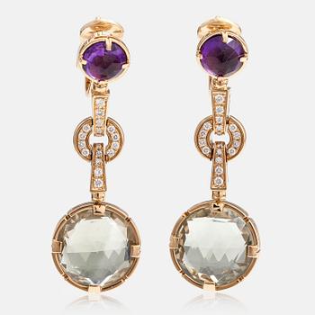 BULGARI, A pair of 18K gold earrings "Parentesi" with green quartzes, amethysts and ca 0.30 ct of brilliant cut diamonds.