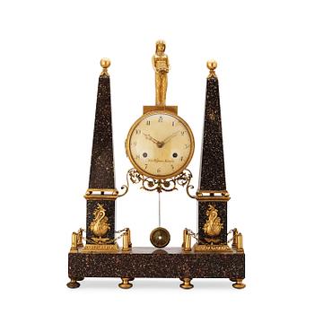 553. A late Gustavian circa 1800 porphyry mantel clock by H. Wessman, master 1765-1805.