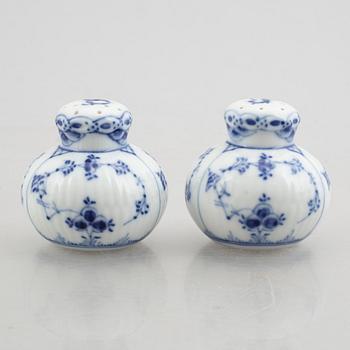 A group of three egg cups, a pair of salt/pepper shakers and two sauce boats, "Blue Fluted"/"Musselmalet", Royal Copenha.