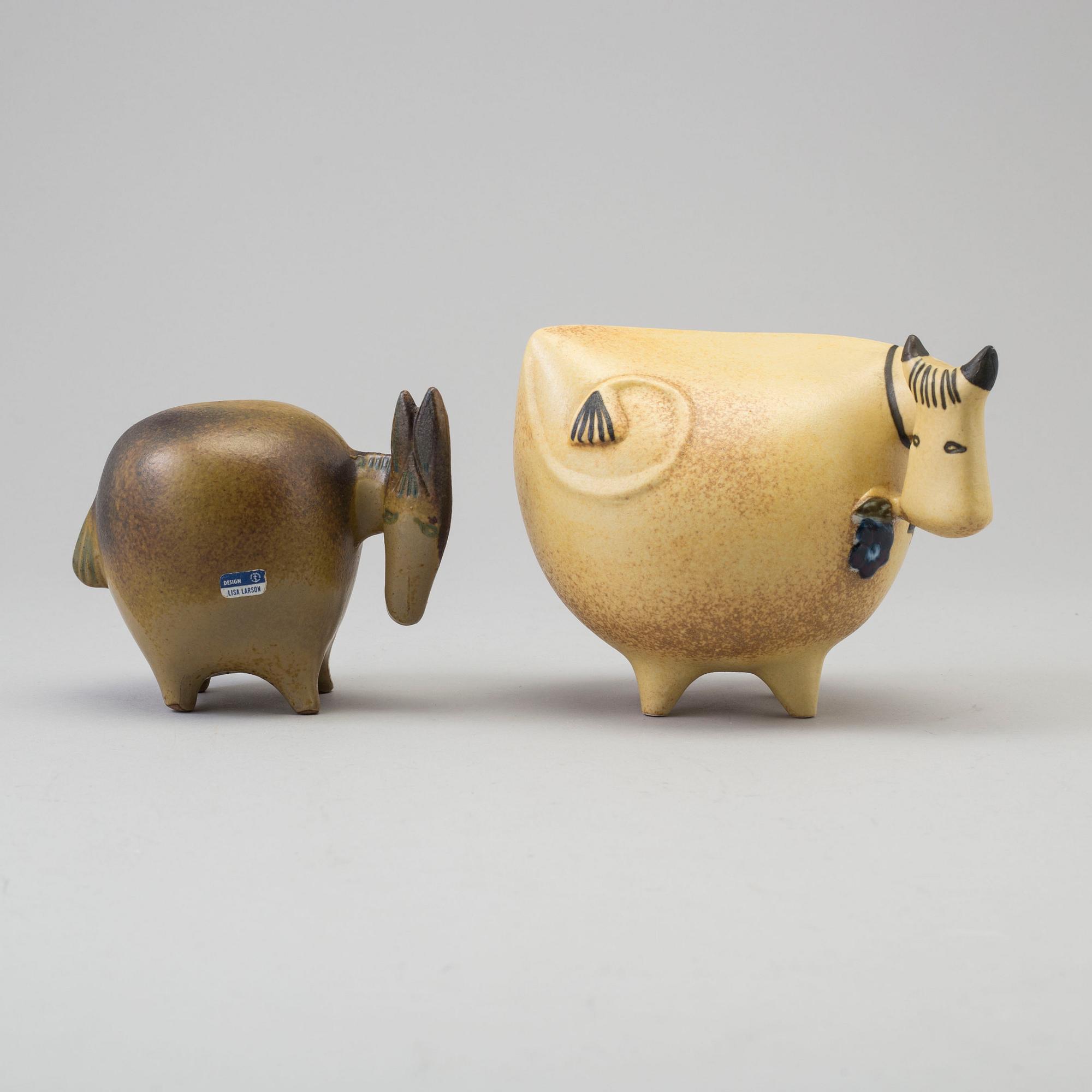 LISA LARSON, figuriner, 2 st, stengods, "Ko" och "Åsna" ur serien Stora Zoo, Gustavsberg.