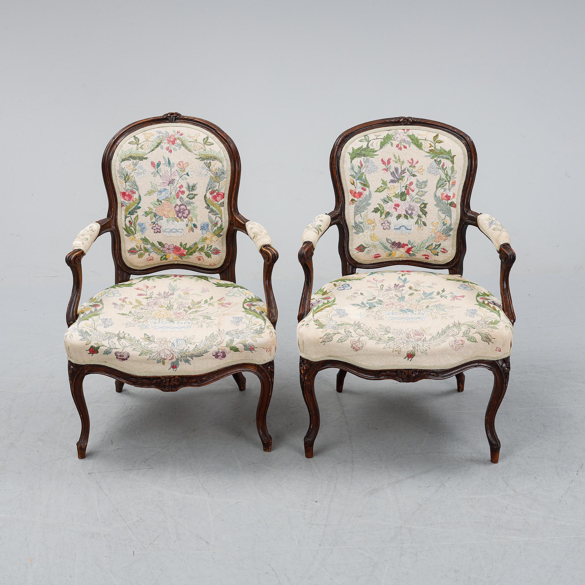 Two mid 18th century French Louis XV armchairs.