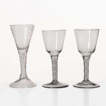 Three spiral-stemmed glasses, 18th Century.