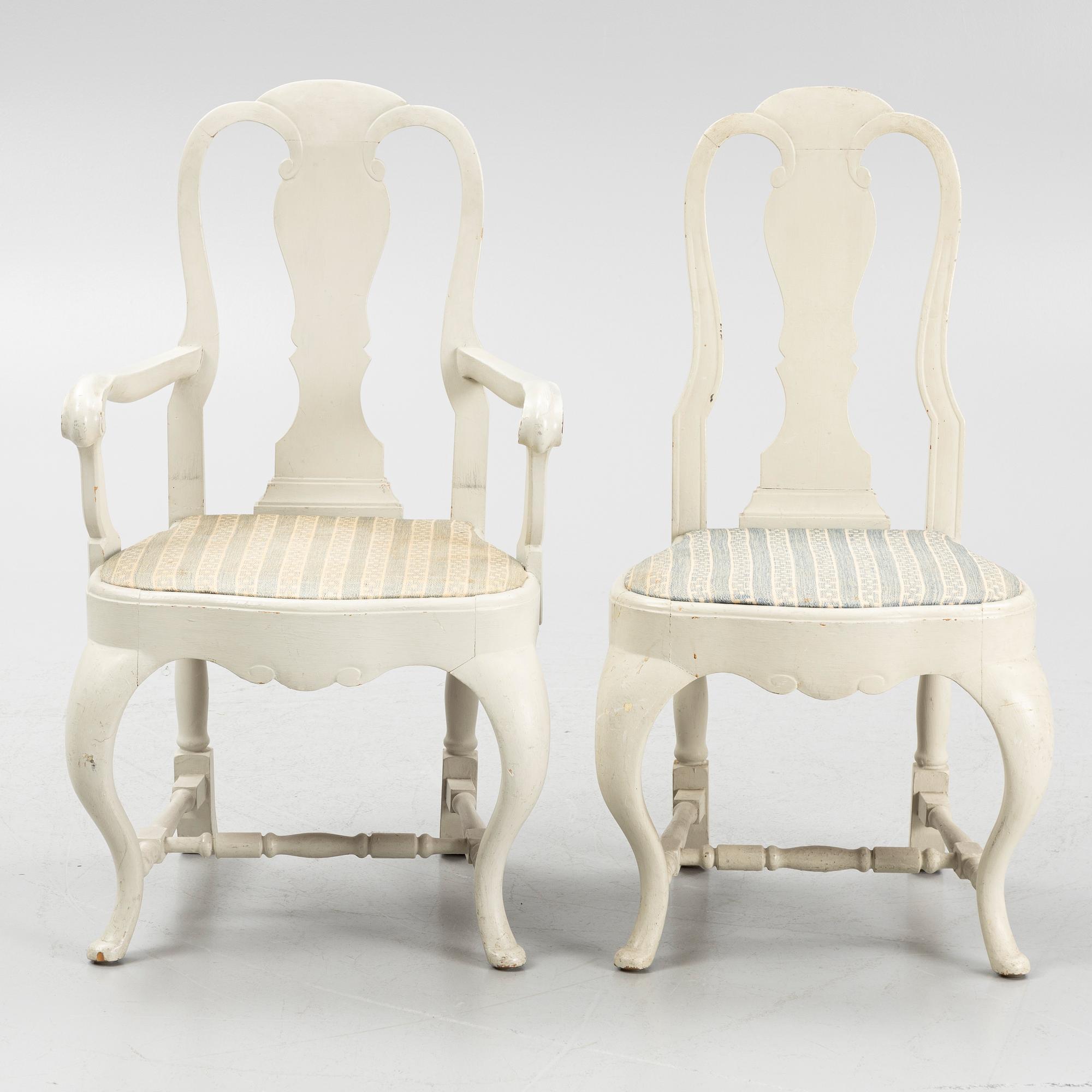 Armchairs, a pair, and chairs, 8 pieces, Rococo style, early 20th century.