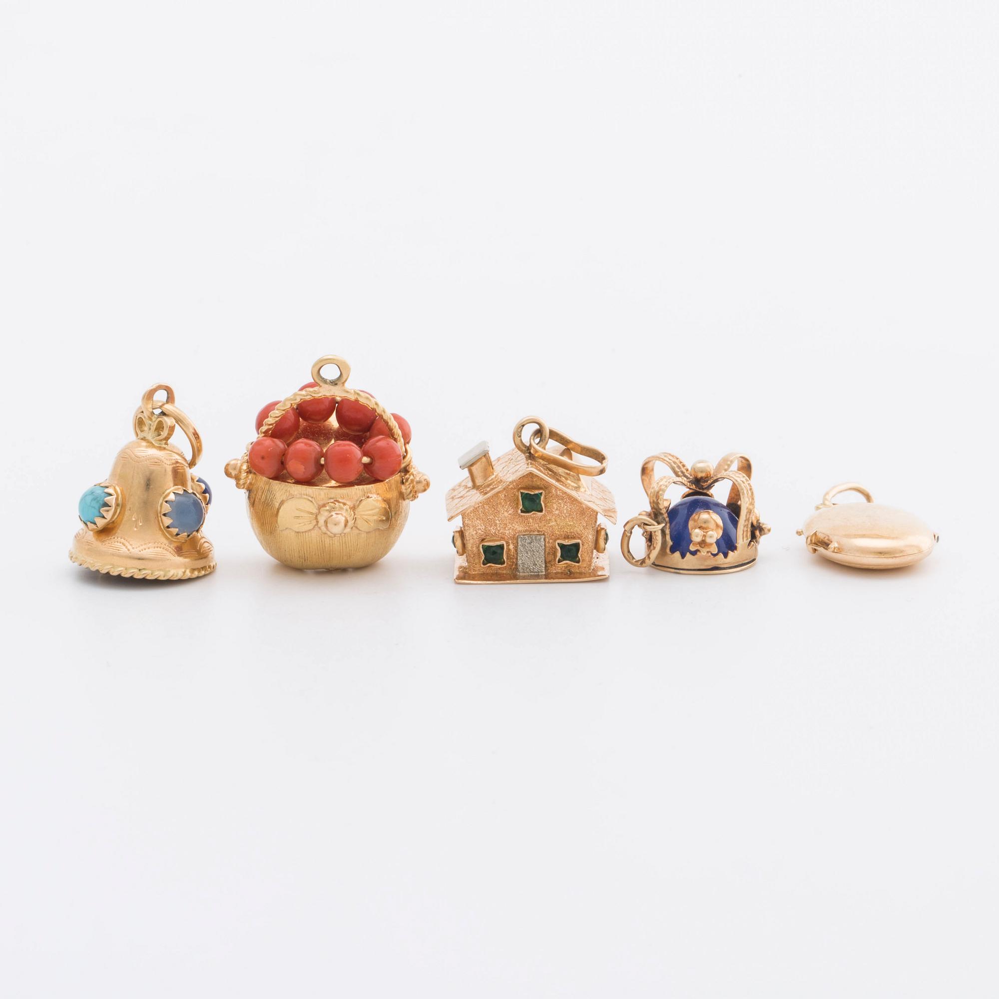 5 CHARMS 18K and 14K gold, blue, red, green stones.