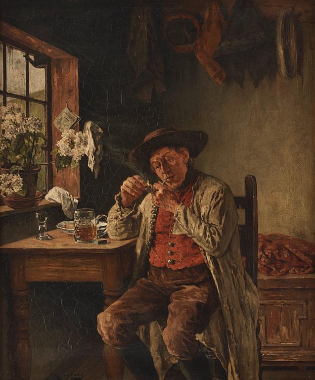 August Jernberg, Interior with man lighting his pipe.