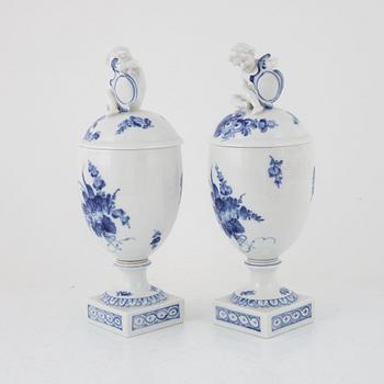 A pair of 'Blå Blomst' porcelain lidded urns, Royal Copenhagen, Denmark.