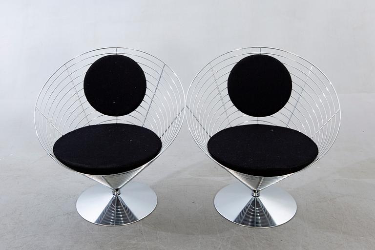 Verner Panton,chairs a pair and table, "Wire Cone", Fritz Hansen, 1988.