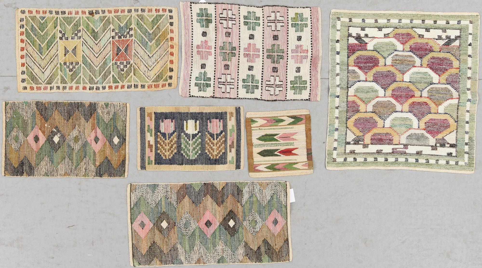 PARTI VÄVNADER 7 st, bl a  MMF (Märta Måås-Fjetterström), osign. Ca 60x55 till 24,5x24.