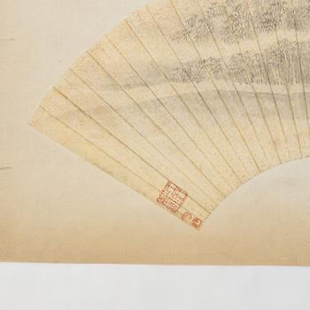 Oidentifierad konstnär, s.k. "Solfjädersmålning", Figur i bambuskog, Kina, 1900-tal.