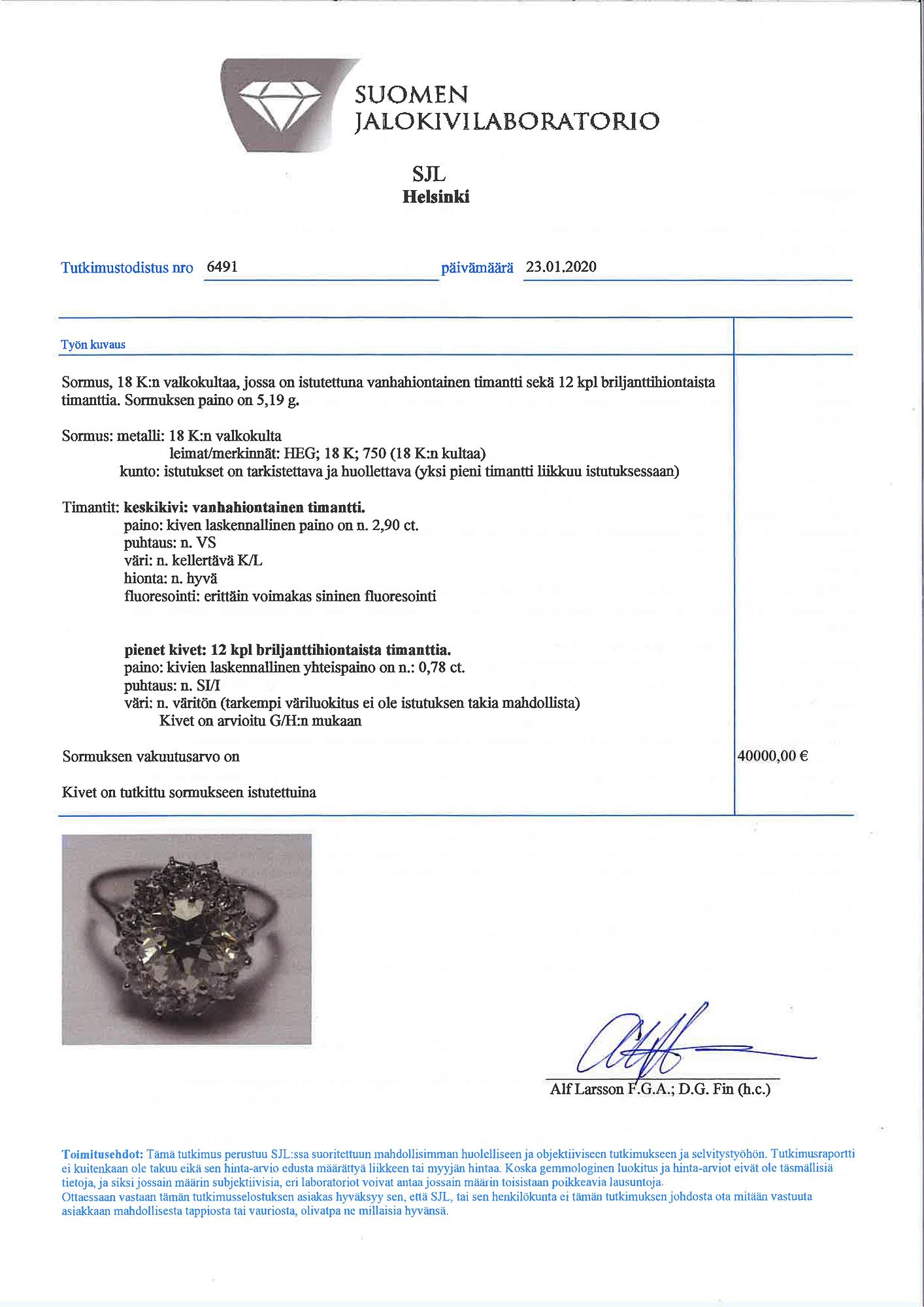 Sormus, 18K valkokultaa, vanhahiottu ja briljanttihiottuja timantteja n. 3.68 ct yht. Leimattu HEG.
