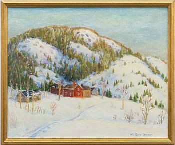 Nils Gunnar Johansson, Vinterlandskap med stugor vid fjäll.
