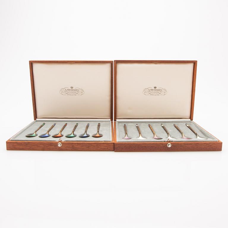 Anton Michelsen, skedar, 12 st, silver och emalj, Danmark, 1900-talets mitt.