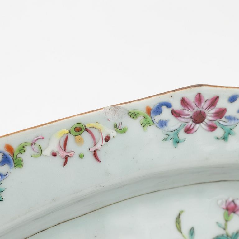 A Chinese famille rose 'double peacock' dish, Qing dynasty, Qianlong (1736-95).