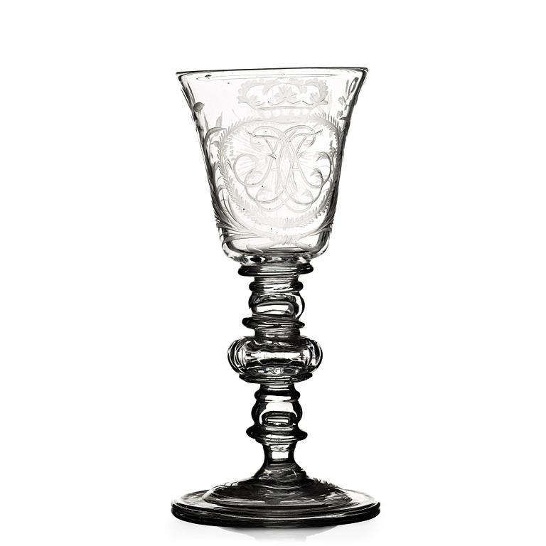 An engraved glass goblet, Kungsholms glasbruk, Sweden, 18th Century.