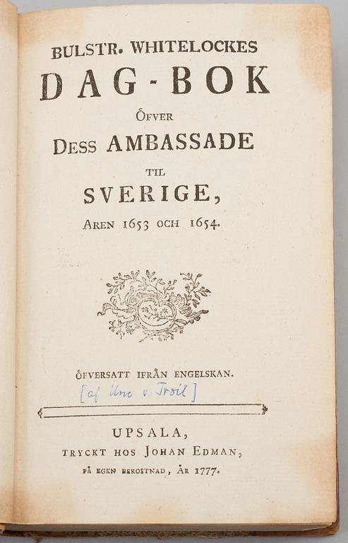 BOK, Bulstrode Whitelocke:en, Uppsala 1777.