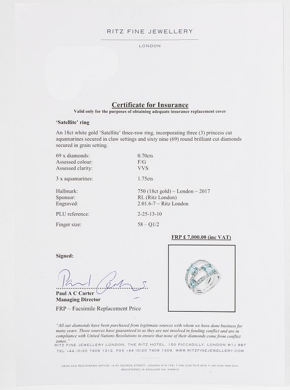 Ring, 18K vitguld med briljantslipade diamanter och akvamariner, Ritz London.