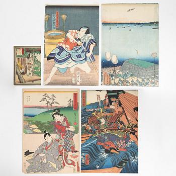 Utagawa School, färgträsnitt, 5st, Japan, 1800-talets mitt/andra hälft.